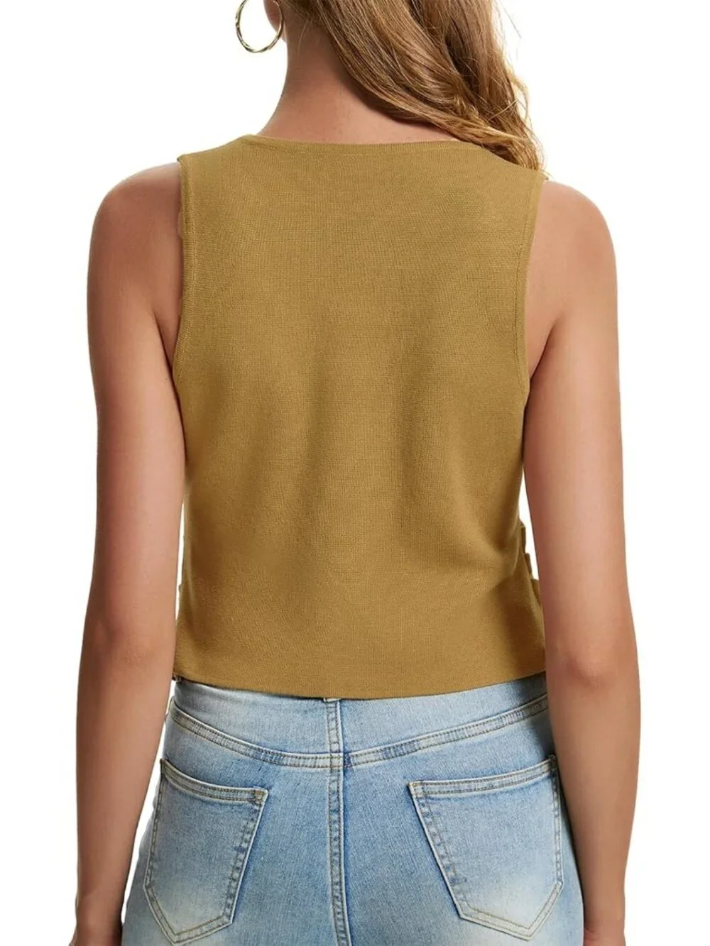 Women's Khaki Sleeveless Button Up Knit Imported Casual Sweater Vest Tank Tops